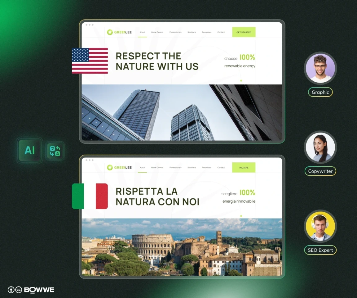 Multilingual content localization on website made in BOWWE Website Builder