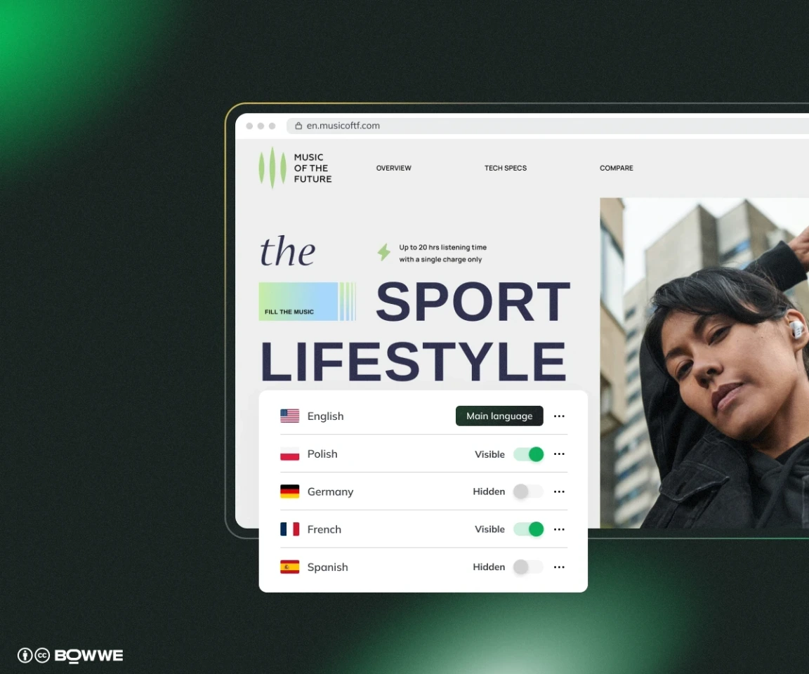 Multilingual website made in BOWWE Website Builder with language visibility options