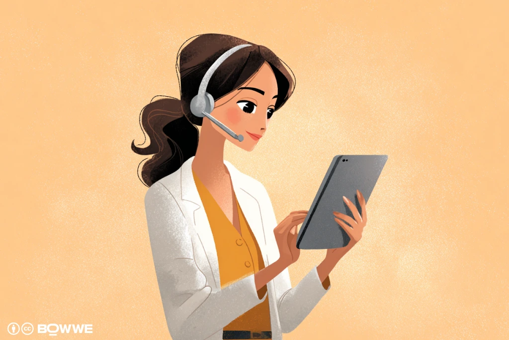 مستشارة تجميل مع مجموعة سماعات رأس وجهاز لوحي