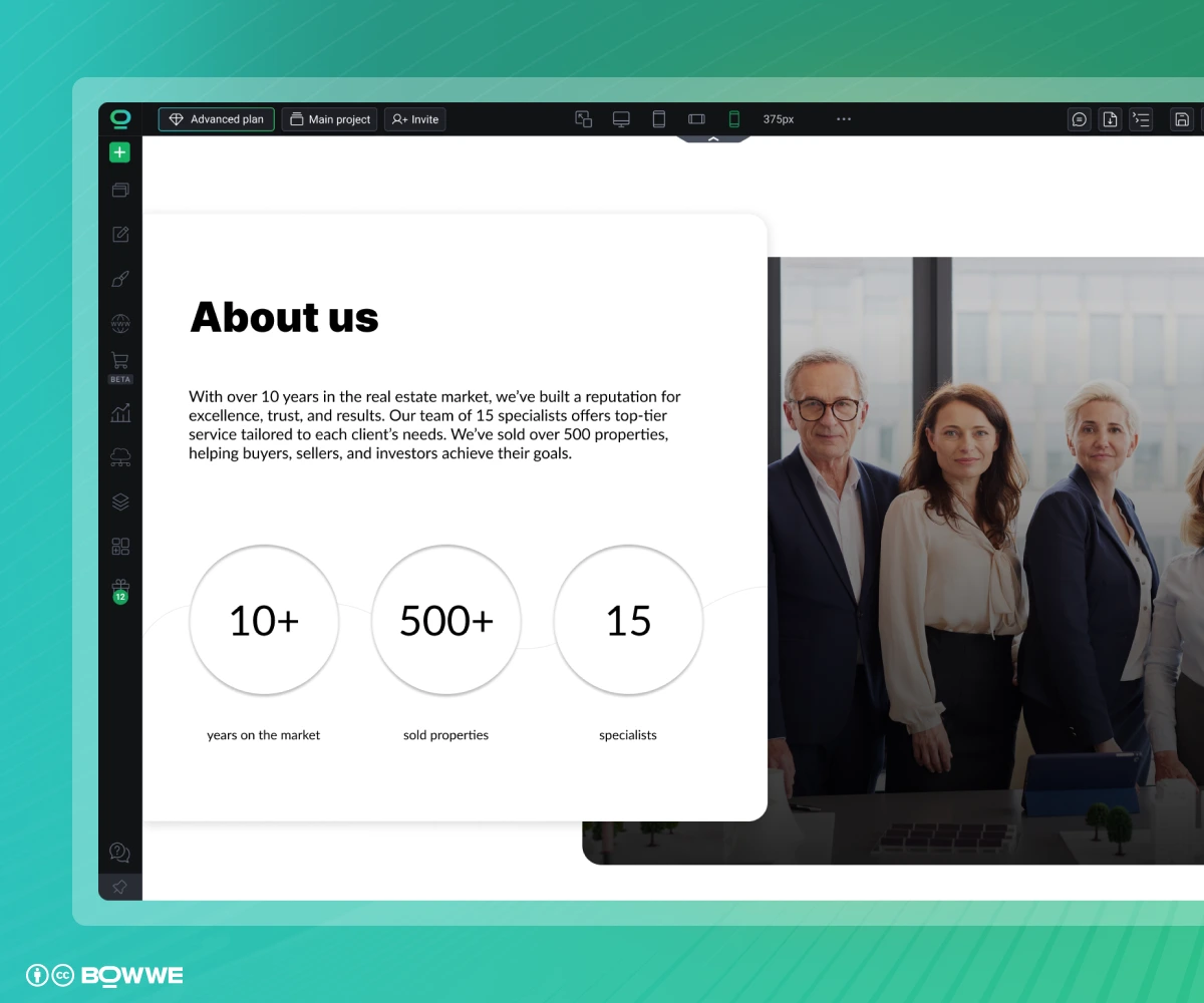 Sitio web inmobiliario en BOWWE Website Builder con página Acerca de nosotros