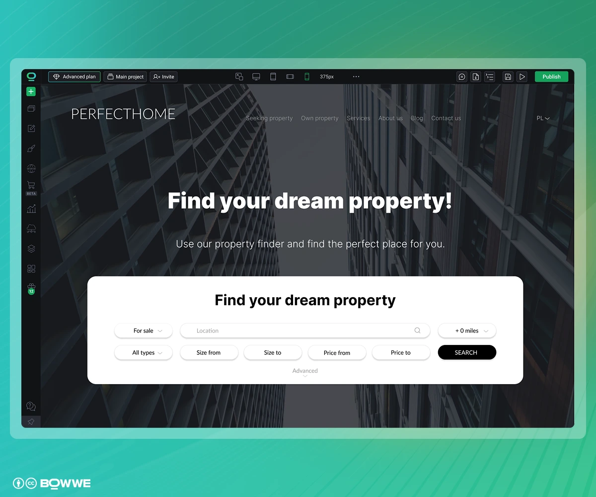 Sitio web inmobiliario en BOWWE Creador de sitios web con motor de búsqueda de propiedades