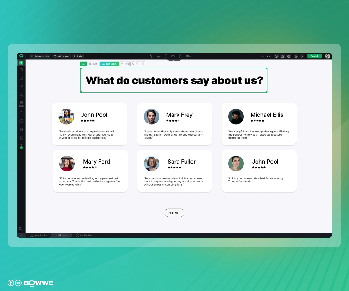 Sitio web inmobiliario en BOWWE Website Builder con sección de testimonios de clientes