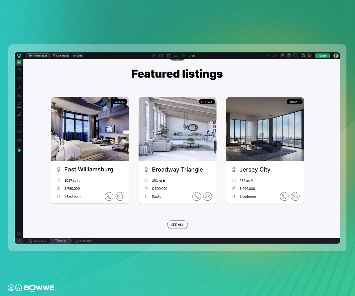 Sitio web inmobiliario en BOWWE Website Builder con sección de anuncios promocionados