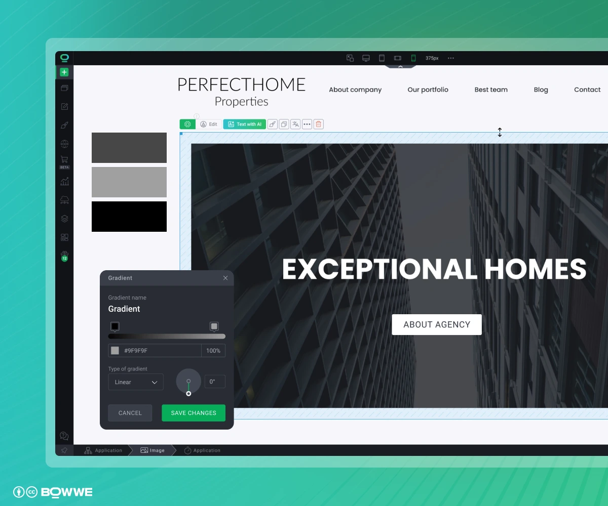 Sitio web inmobiliario en BOWWE Website Builder con panel degradado