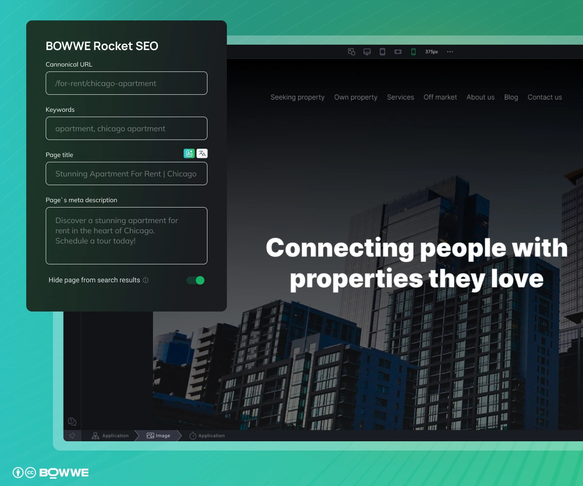 Sitio web inmobiliario en BOWWE Website Builder con configuración BOWWE Rocket SEO