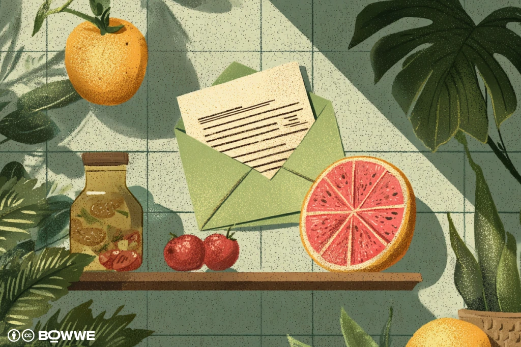 An open envelope among food ingredients