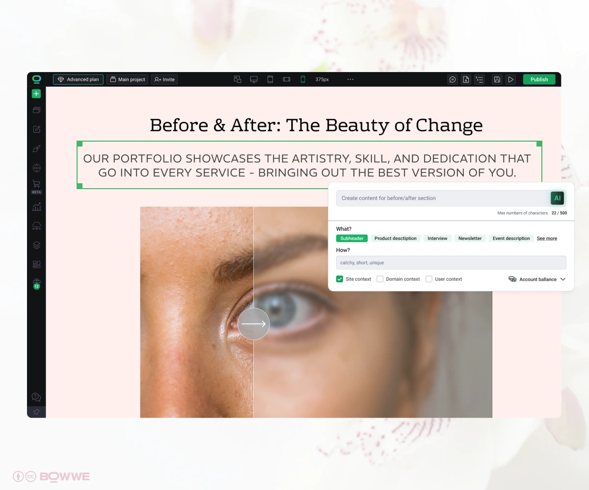 Portfolio-Bereich auf der Website eines Schönheitssalons, erstellt mit dem BOWWE Website Builder
