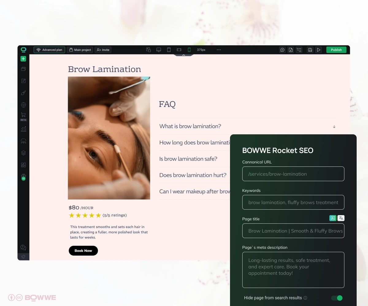 FAQ-Bereich mit Rocket SEO-Einstellungen auf der Website eines Schönheitssalons, erstellt mit BOWWE Website Builder