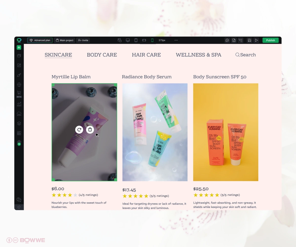 E-Commerce auf der Website eines Schönheitssalons, erstellt mit dem BOWWE Website Builder