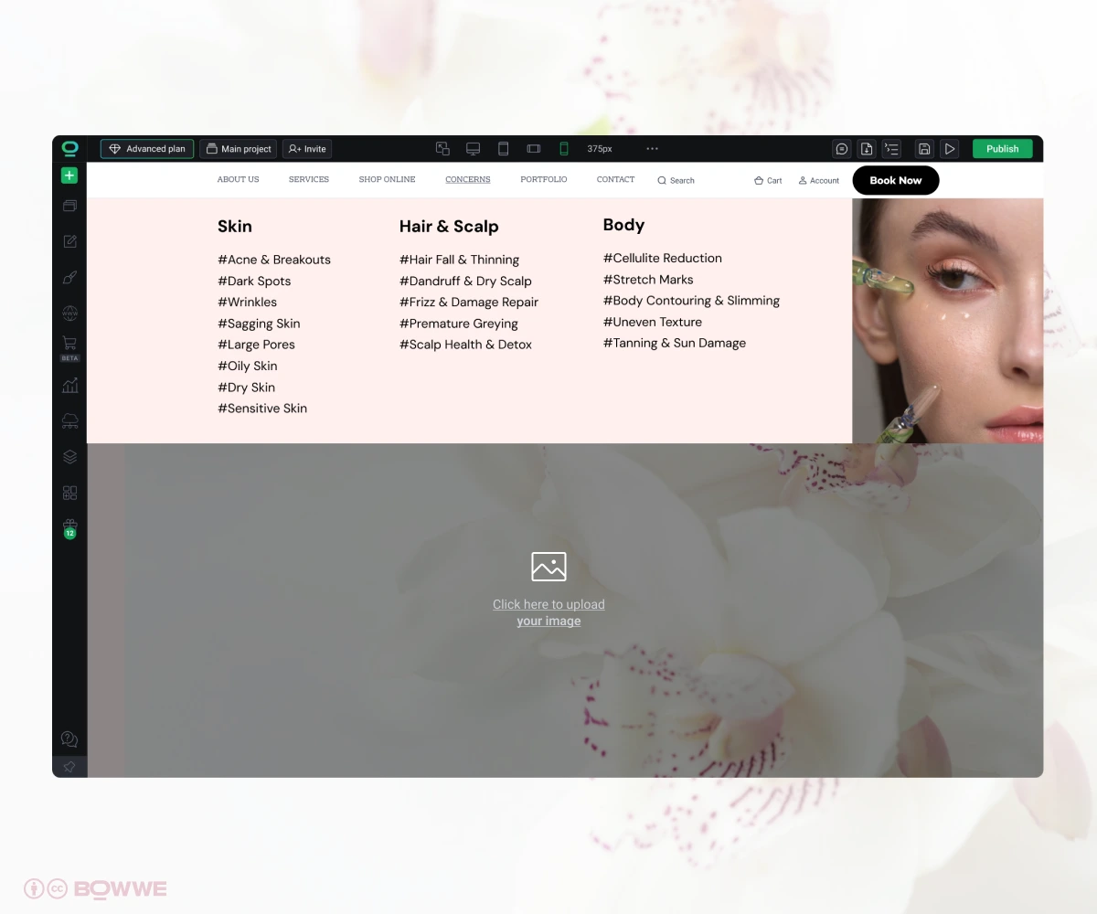 Navigation auf der Website eines Schönheitssalons, erstellt mit dem BOWWE Website Builder