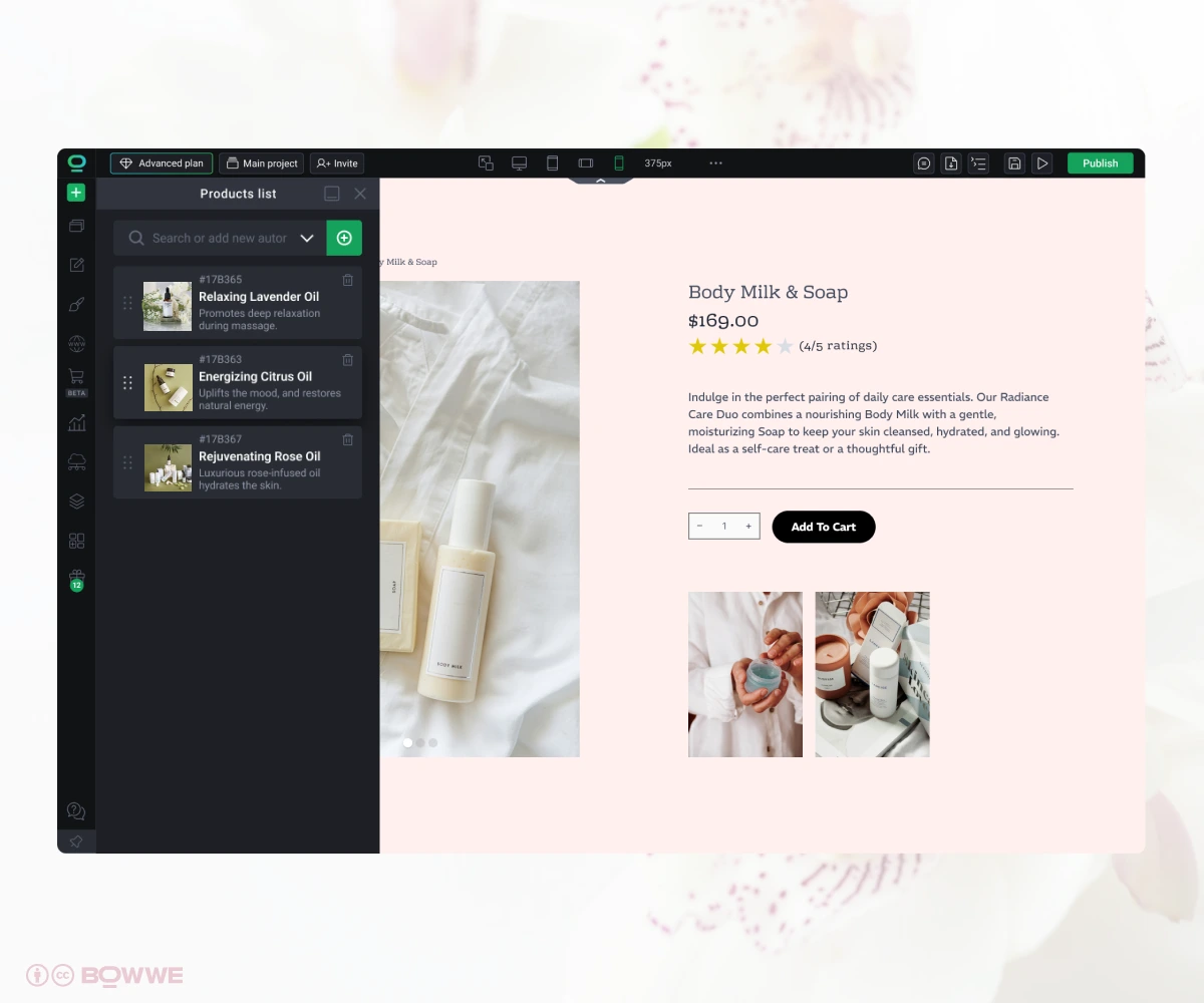 Produktseite auf der Website eines Schönheitssalons, erstellt mit dem BOWWE Website Builder