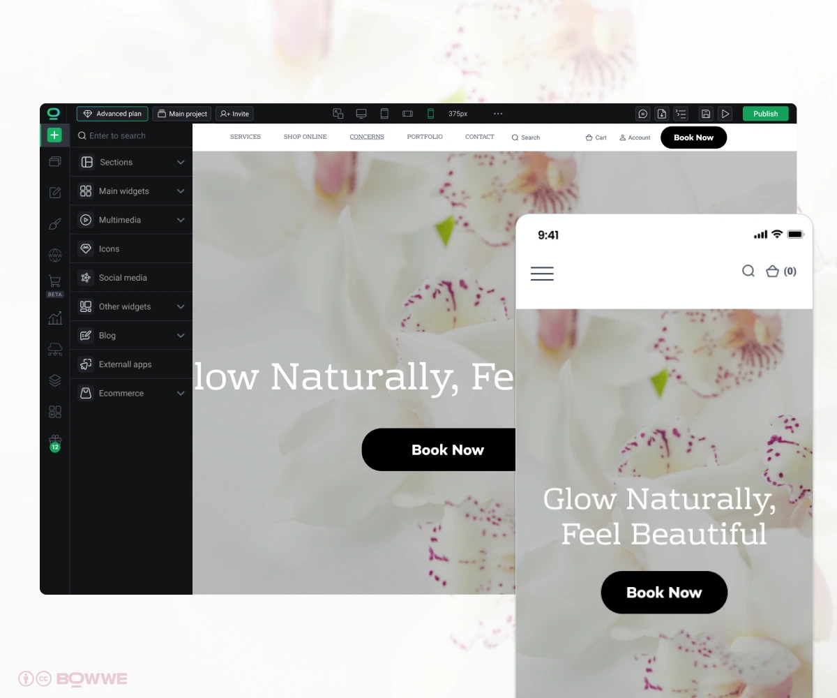 Desktop- und Mobilversion der Website eines Schönheitssalons, erstellt mit dem BOWWE Website Builder
