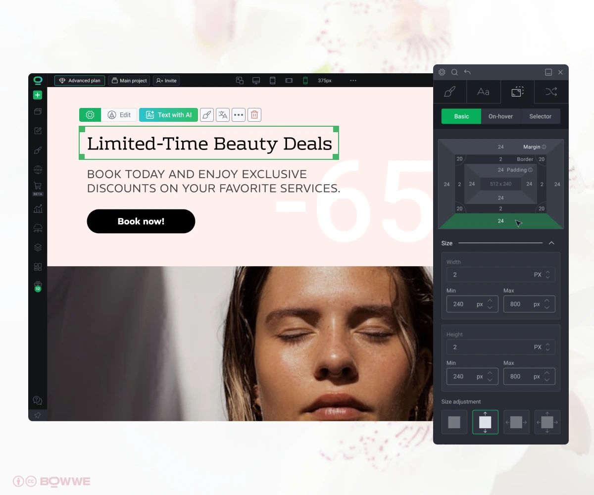Bereich mit Sonderangeboten auf der Website eines Schönheitssalons, erstellt mit dem BOWWE Website Builder