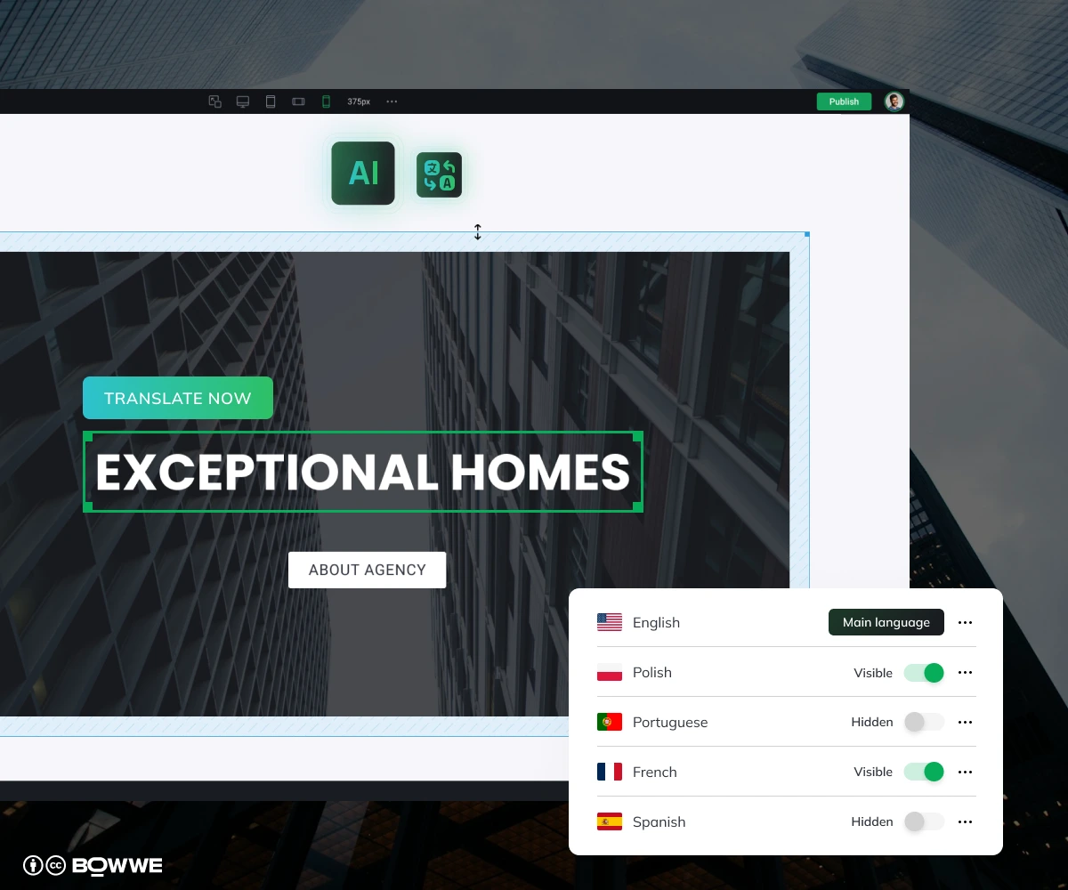 Real estate website with multilingual support made in BOWWE Real Estate Website Builder