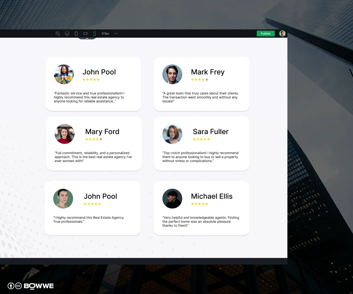 Reviews section on real estate website made in BOWWE Real Estate Website Builder