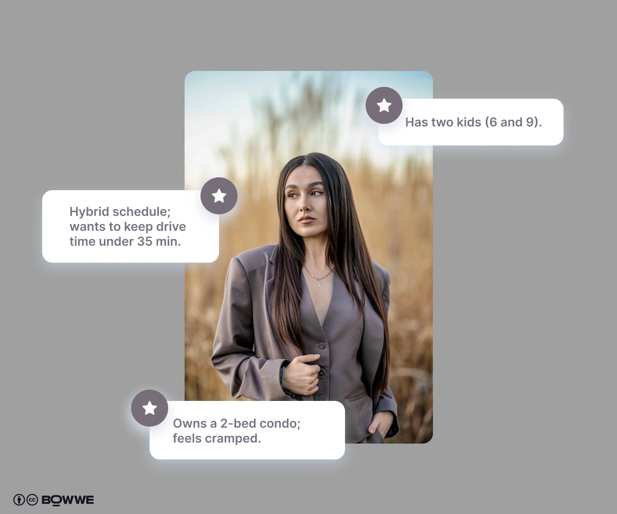 Un ejemplo de perfil de buyer persona para el sector inmobiliario con la foto de una mujer de unos 36 años.