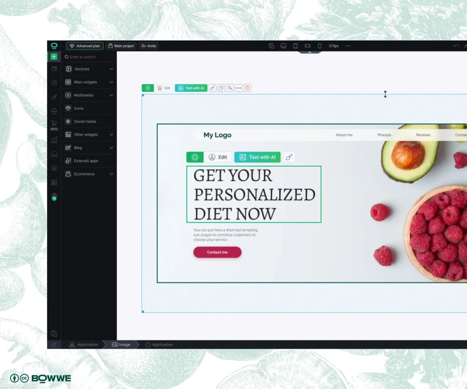 Edición de contenido en el sitio web de dietistas creado en BOWWE Website Builder