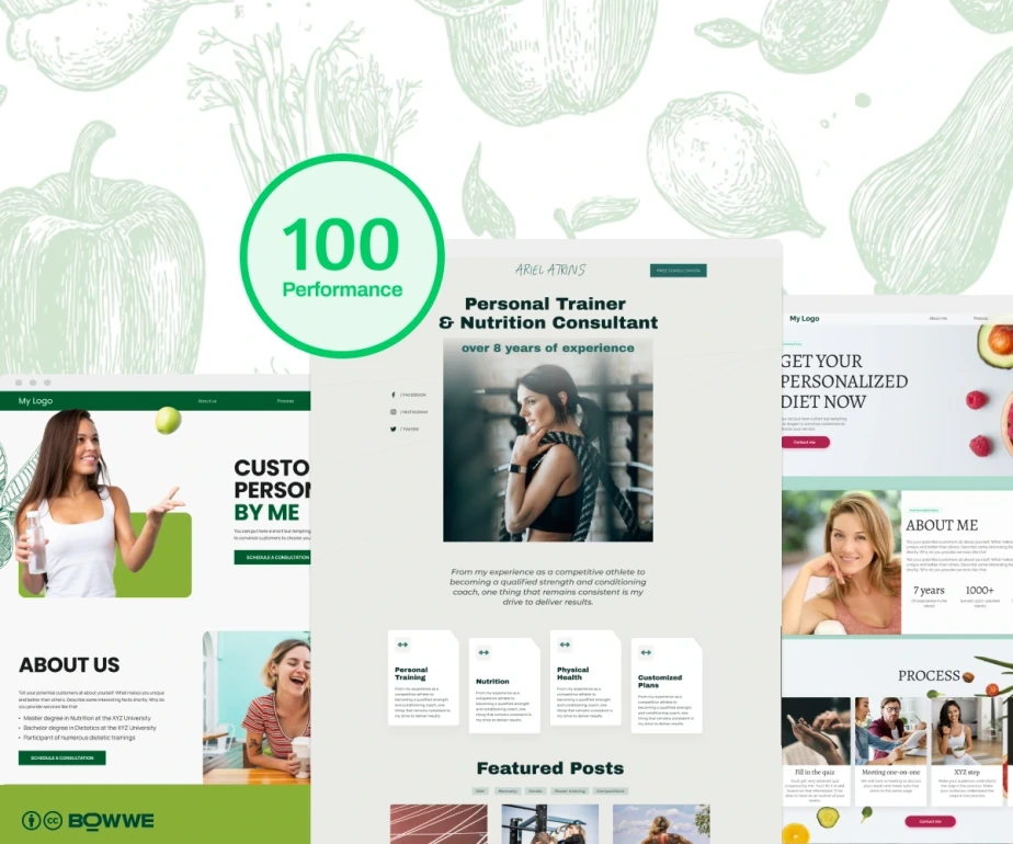 Plantillas de sitios web BOWWE para nutricionistas y dietistas optimizadas para mayor velocidad