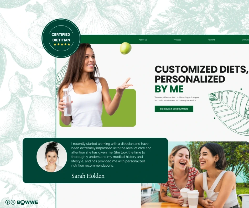 Reseñas del sitio web de dietistas creadas con BOWWE Website Builder