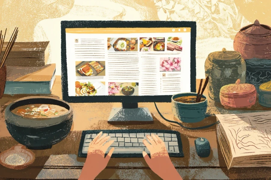 Person working on computer with restaurant website