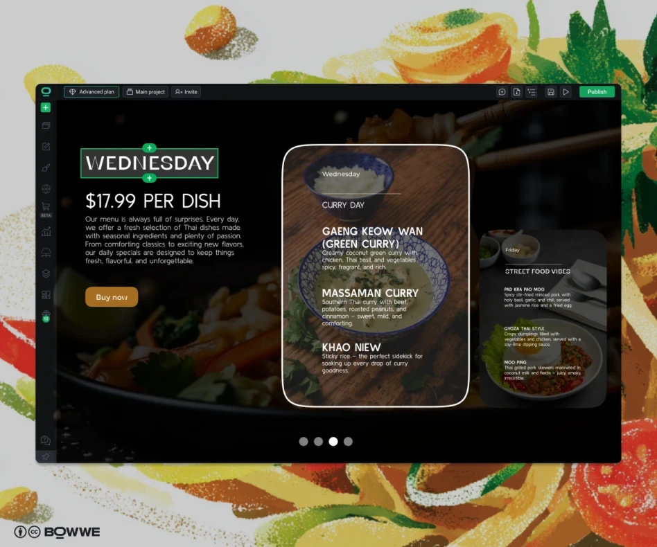 Menu on the restaurant website created with the BOWWE restaurant website builder