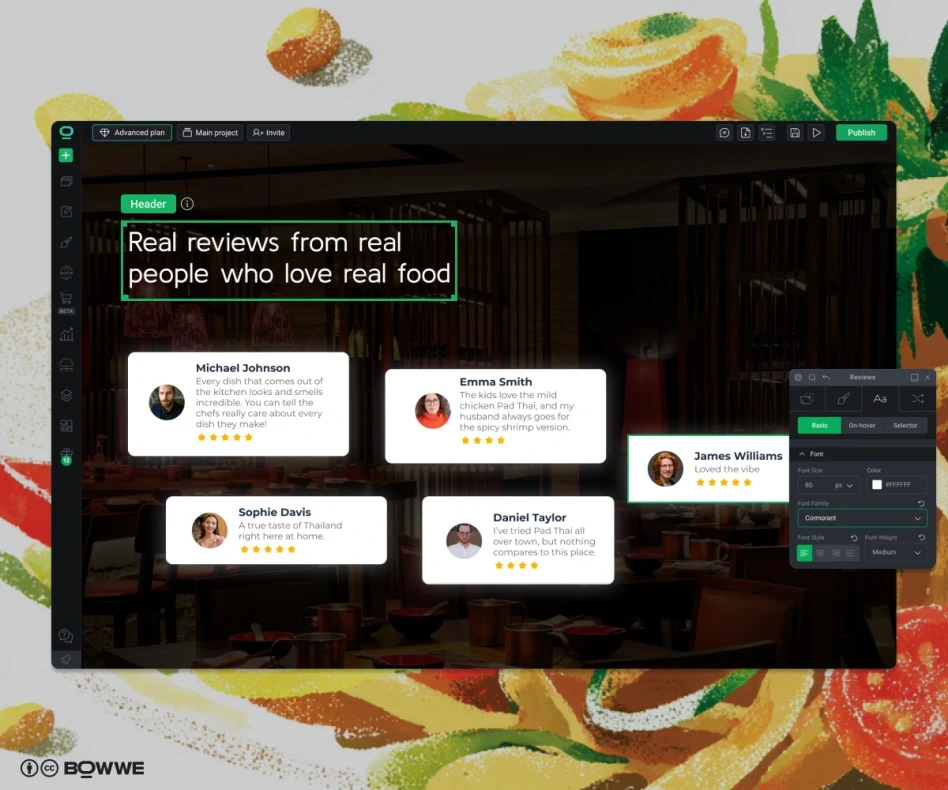Reviews on the restaurant website created in the BOWWE restaurant website builder