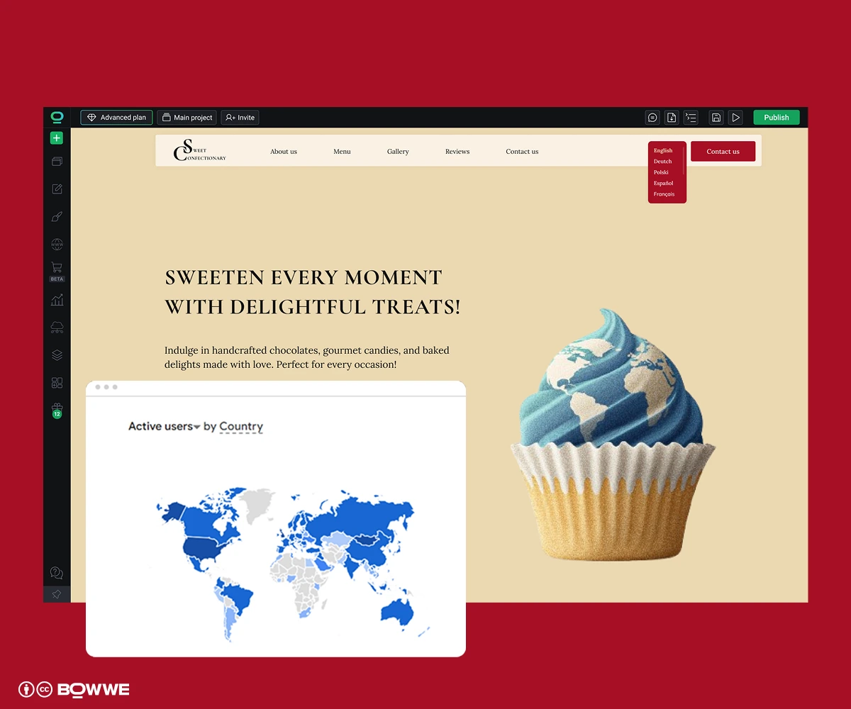 Un sito web multilingue con statistiche sui visitatori del paese creato con BOWWE Website Builder