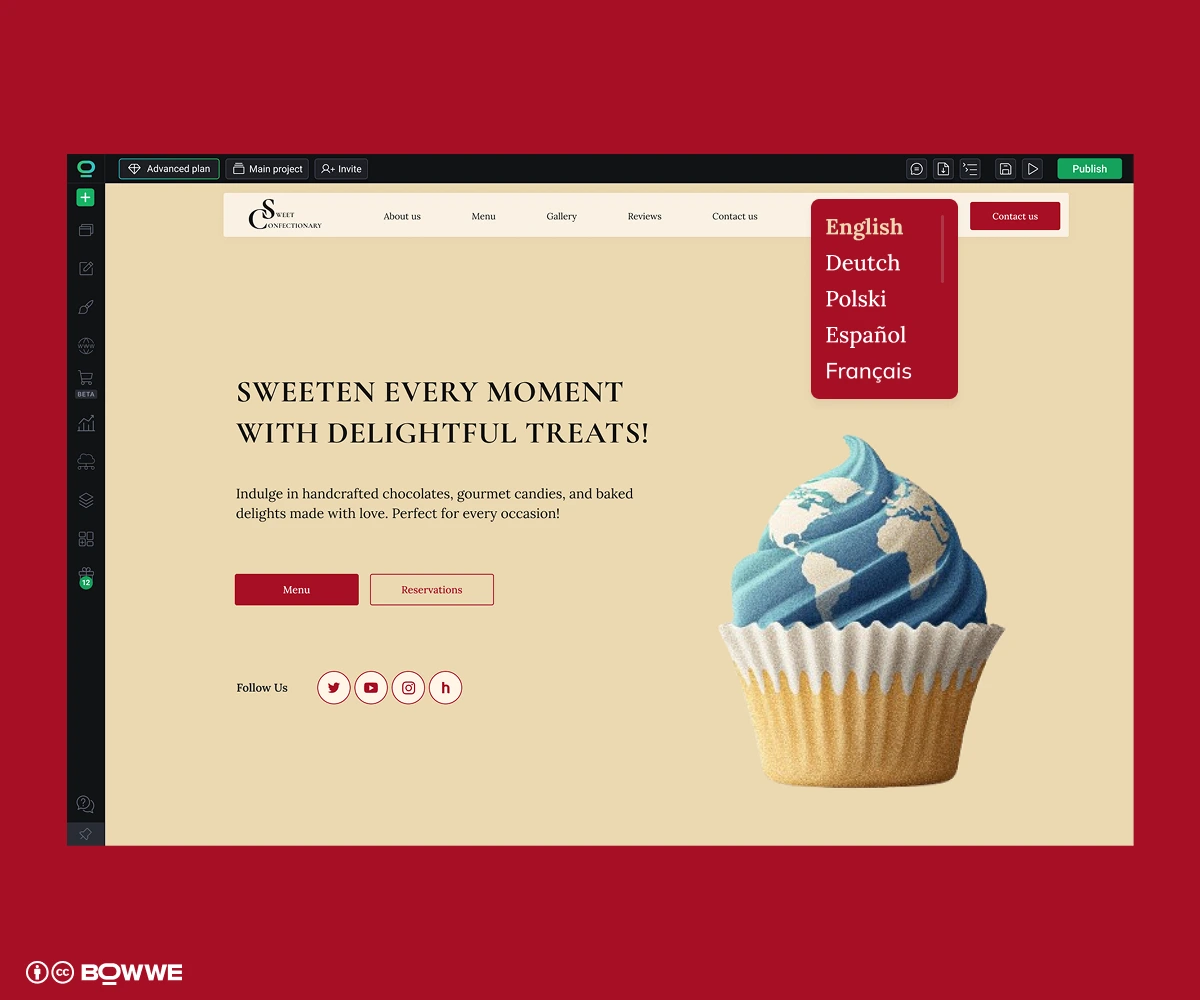 Cambio lingua su un sito web multilingue creato con BOWWE Multilingual Website Builder