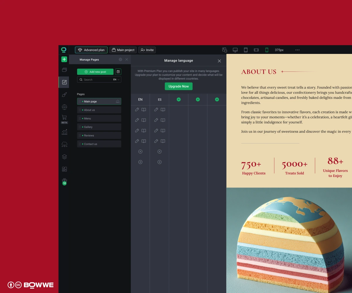 Una pagina multilingue con un elenco di sottopagine create con BOWWE Website Builder