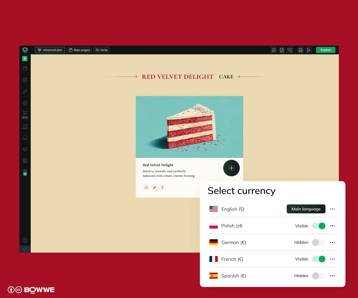 Modifica della valuta su un sito web multilingue creato con BOWWE Multilingual Website Builder