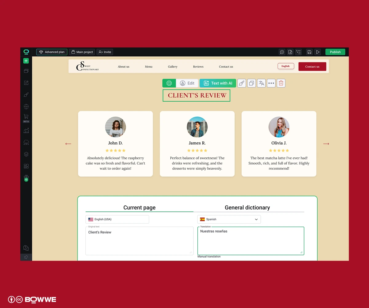 Modifica di un sito web multilingue creato con BOWWE Multilingual Website Builder