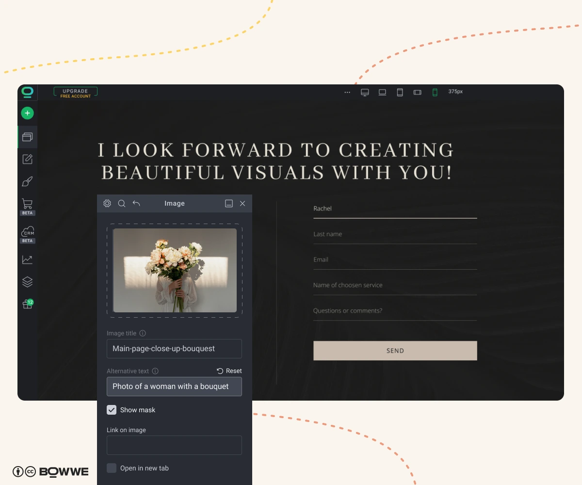 Sito web del fotografo creato in BOWWE Website Builder con funzionalità di testo ALT per le immagini