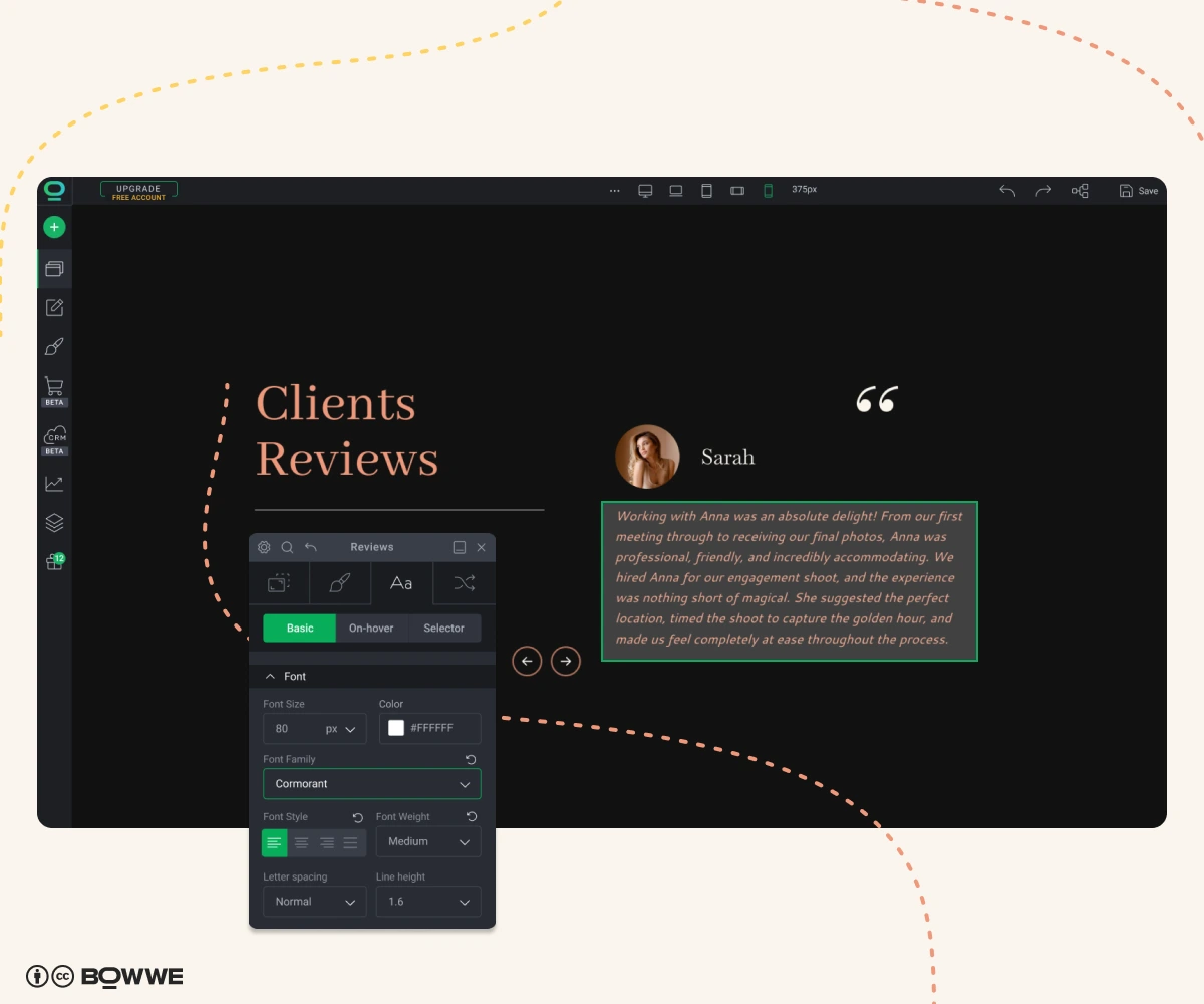 Sito web del fotografo con sezione recensioni creato in BOWWE Website Builder