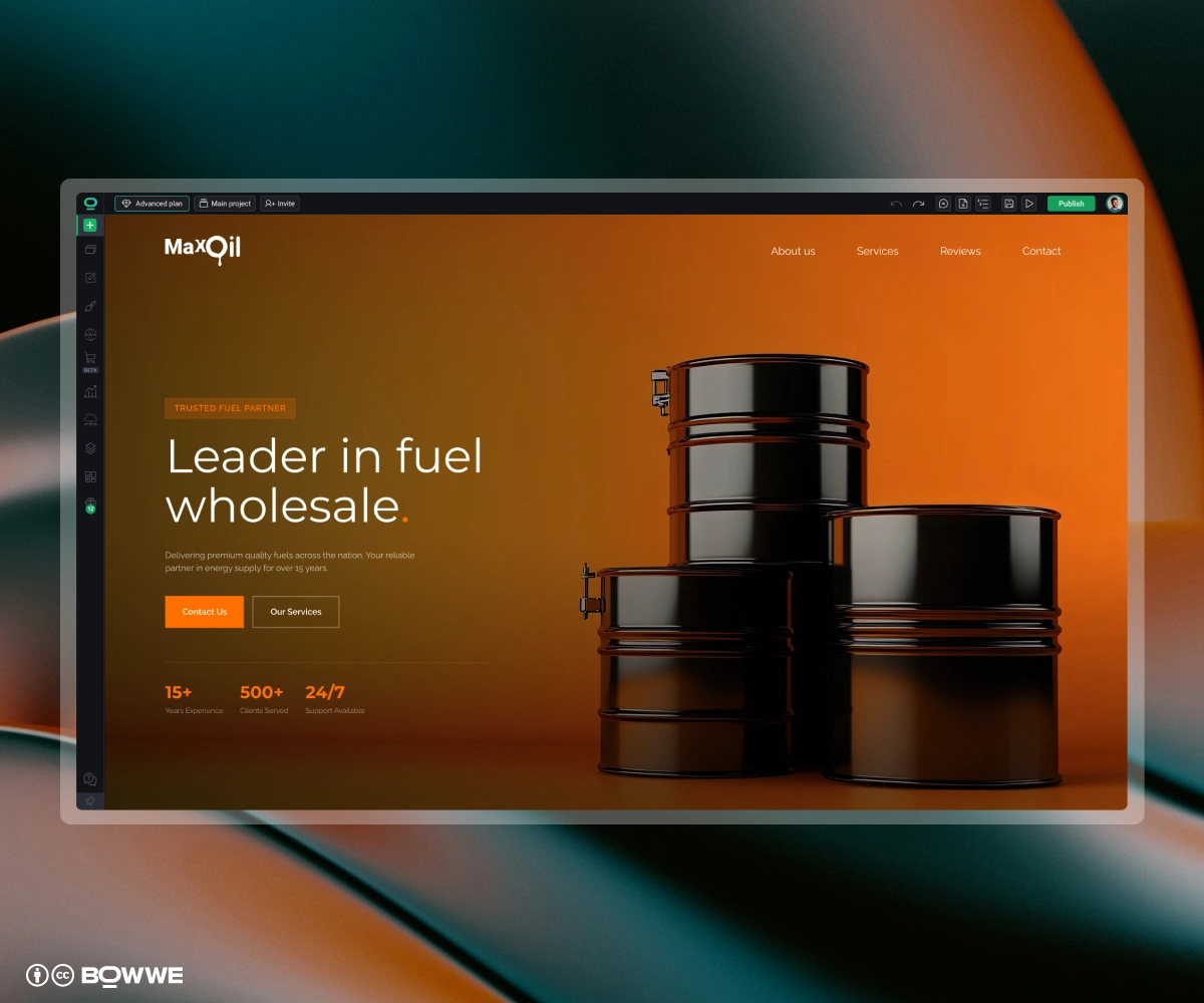 Page principale du site web de carburant créée avec BOWWE Website Builder