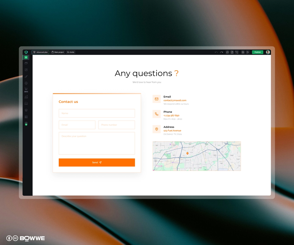 Section contact du site web de carburant créée avec BOWWE Website Builder