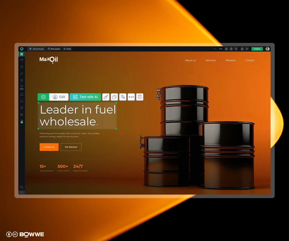 Site de empresa de combustíveis otimizado para SEO, criado no construtor de sites BOWWE.