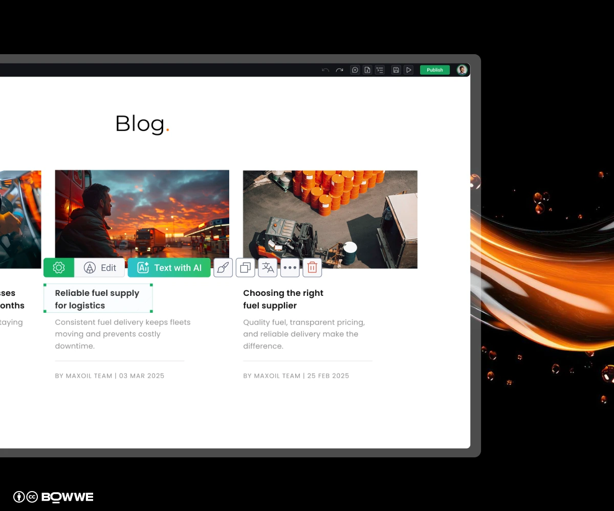 Sección de blog sobre un sitio web de combustible creado con BOWWE Website Builder.