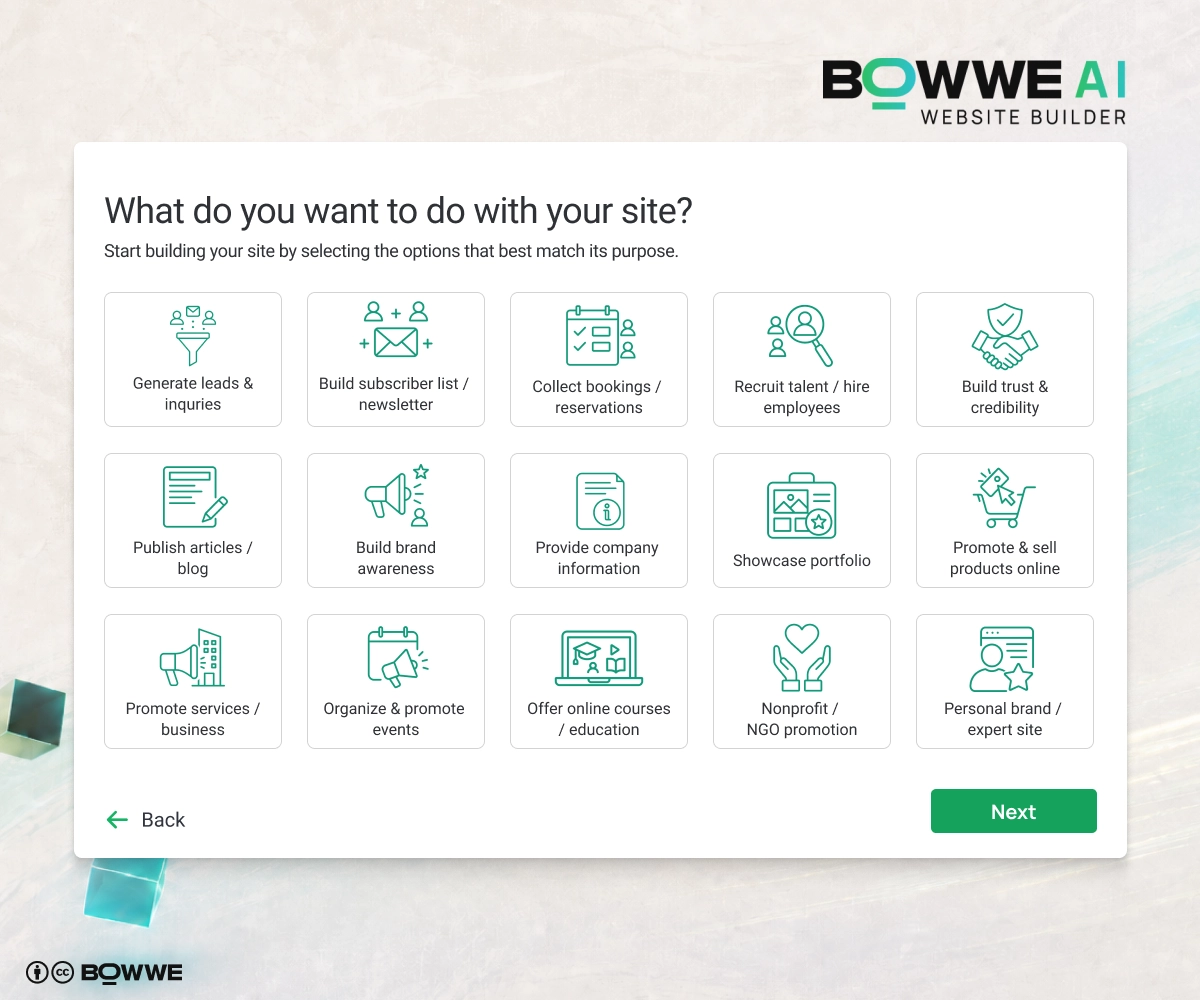AI survey during creation of AI website in BOWWE AI Website Builder
