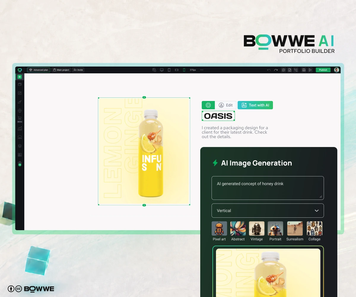 Génération d'images de portfolio IA dans le générateur d'images IA de BOWWE AI Portfolio Builder
