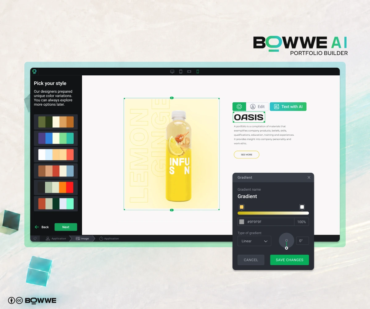 Modification des couleurs du portefeuille AI créées dans BOWWE Portfolio Builder