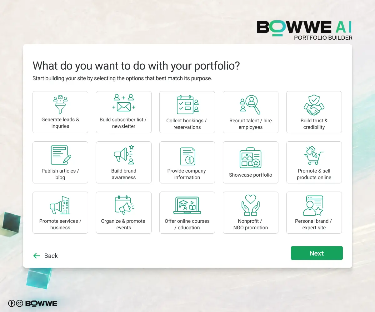 Enquête sur l'IA lors de la création d'un portefeuille d'IA dans BOWWE AI Portfolio Builder