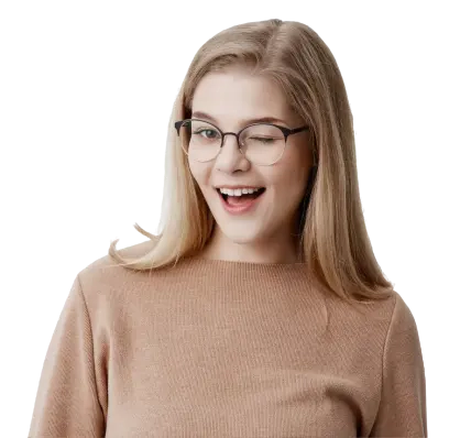 a girl in a gray sweatshirt and glasses
