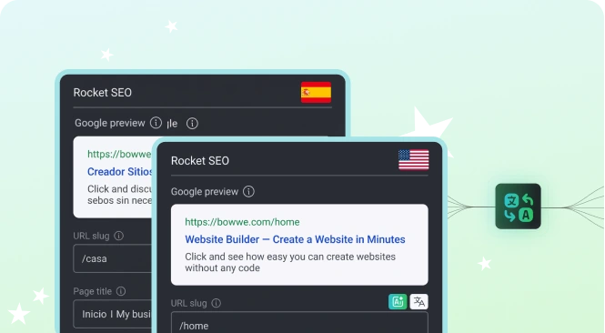Creador de sitios web multilingües que muestra contenido en versiones estadounidense y española.
