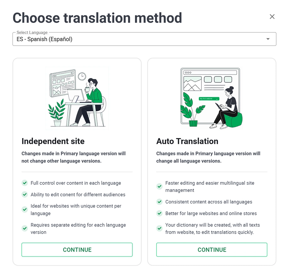 Elegir un método de traducción en los diccionarios BOWWE