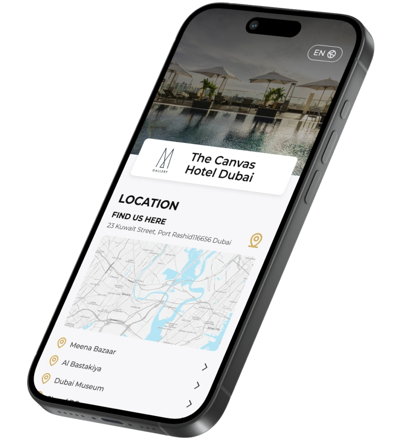 a Dubai hotel micro App with pool photo and a map