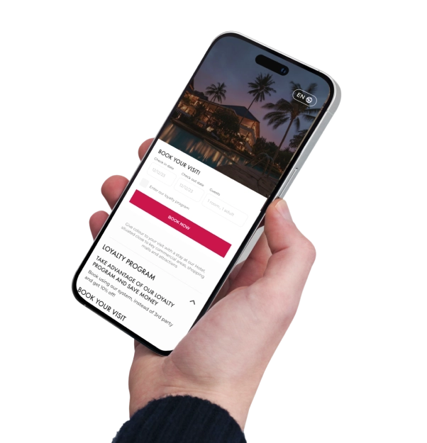 hand holding phone with mobile hotel app