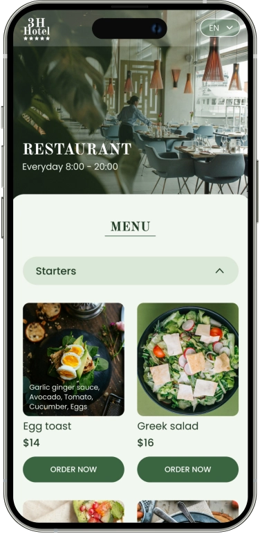 starter menu for the hotel restaurant