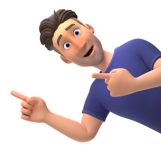 cartoon man in a blue t-shirt pointing to the page analysis