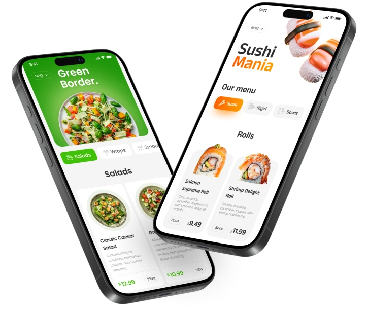 two smartphones depicting restaurant sites for salad and sushi