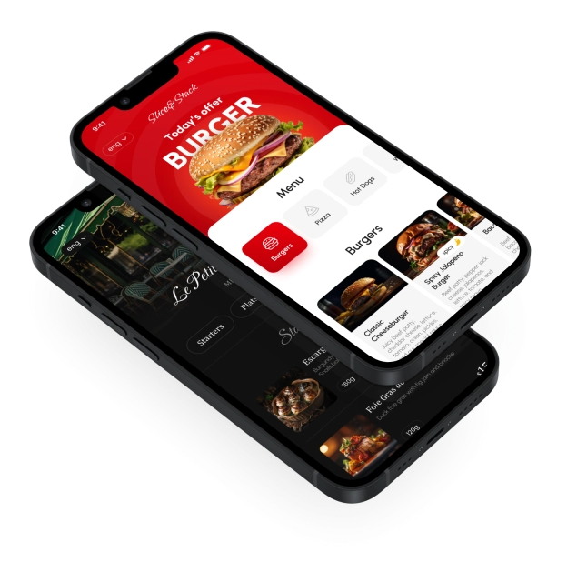 a phone with burger restaurant app